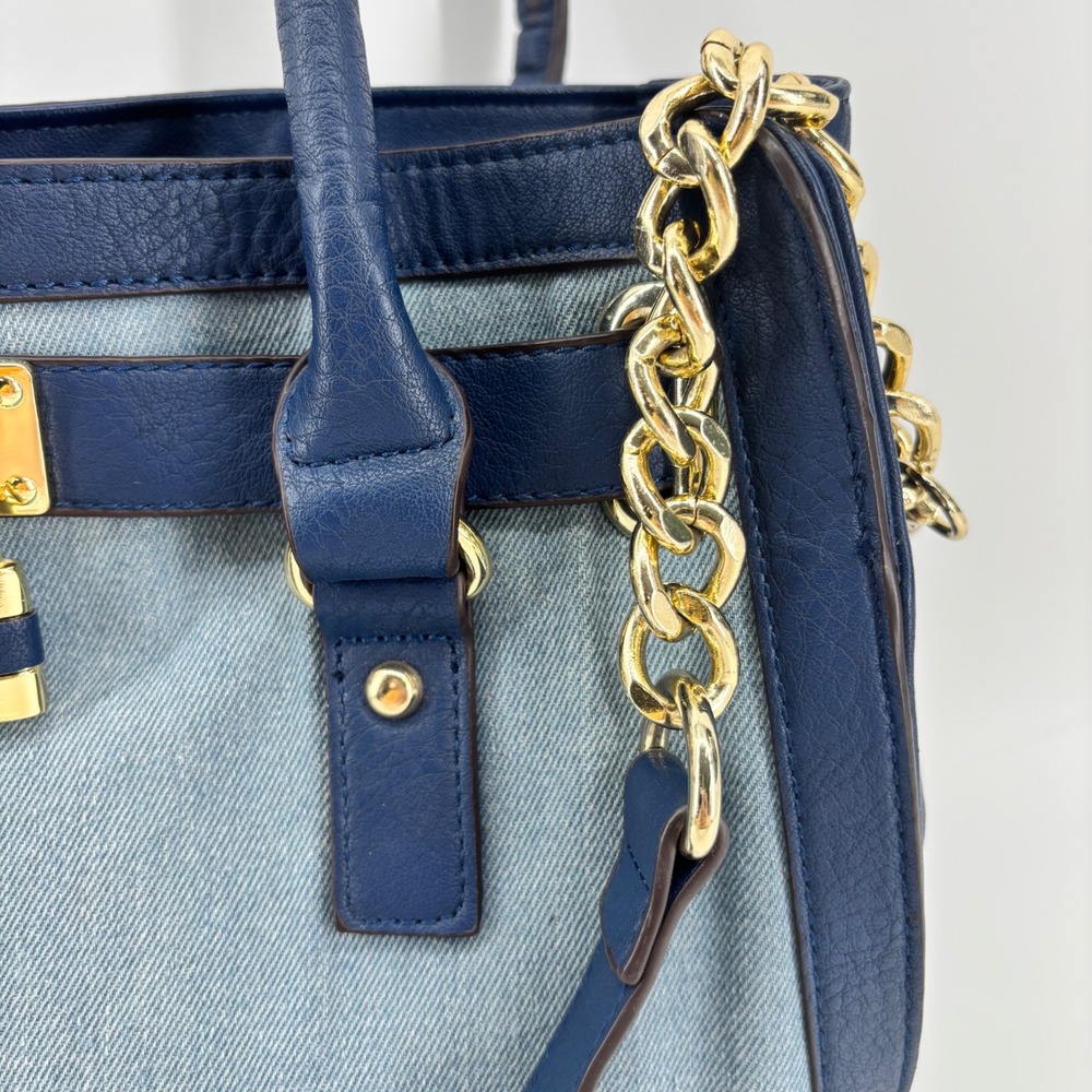 Charming Charlie Navy Blue Faux Leather and Denim Satchel Crossbody Bag Gold - Picture 3 of 12